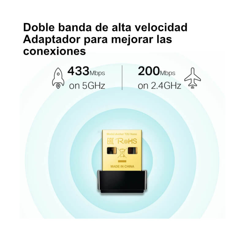 Adaptador de Red USB a Wi-Fi TP-Link Archer T2U Nano AC600 Doble Banda 200-433Mbps