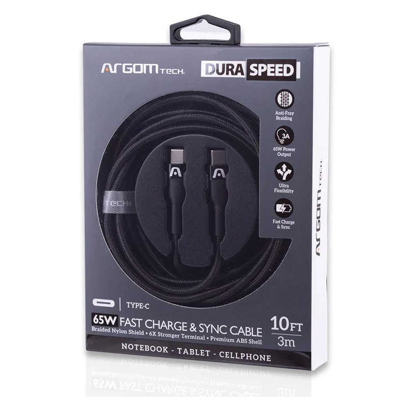 Cable USB-C a USB-C Argom ARG-CB-0048BK Carga Rápida 3 Metros Trensado Negro