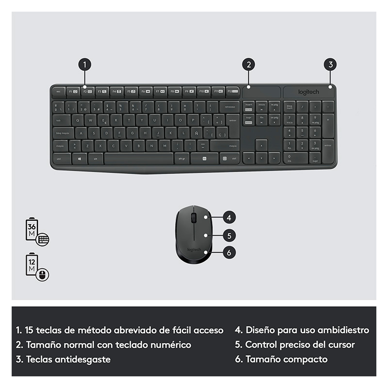 Teclado y mouse Logitech MK235 Inalámbrico USB Negro en español