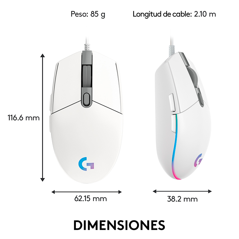 Mouse Óptico Gaming Logitech G203 LIGHTSYNC Blanco 8000DPI 6 Botones